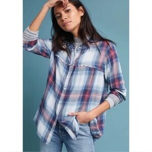 Cloth and Stone Anthropologie Plaid Fringe Trim Swing Tunic Top Shirt Blue Sz M